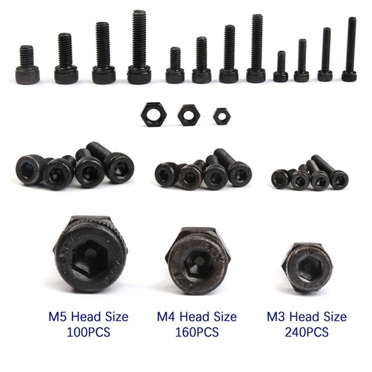 500Pcs Hex Socket Head Screw M3 M4 M5 Cap Bolts and Nuts Carbon-Steel Kit