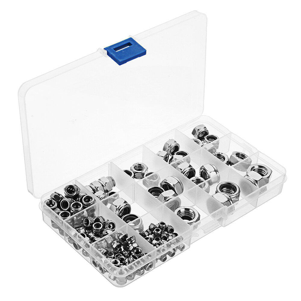 170Pcs Stainless Steel Nylon Insert Lock Nut M3/4/5/6/8/10/12 Locknut Assortment Kit