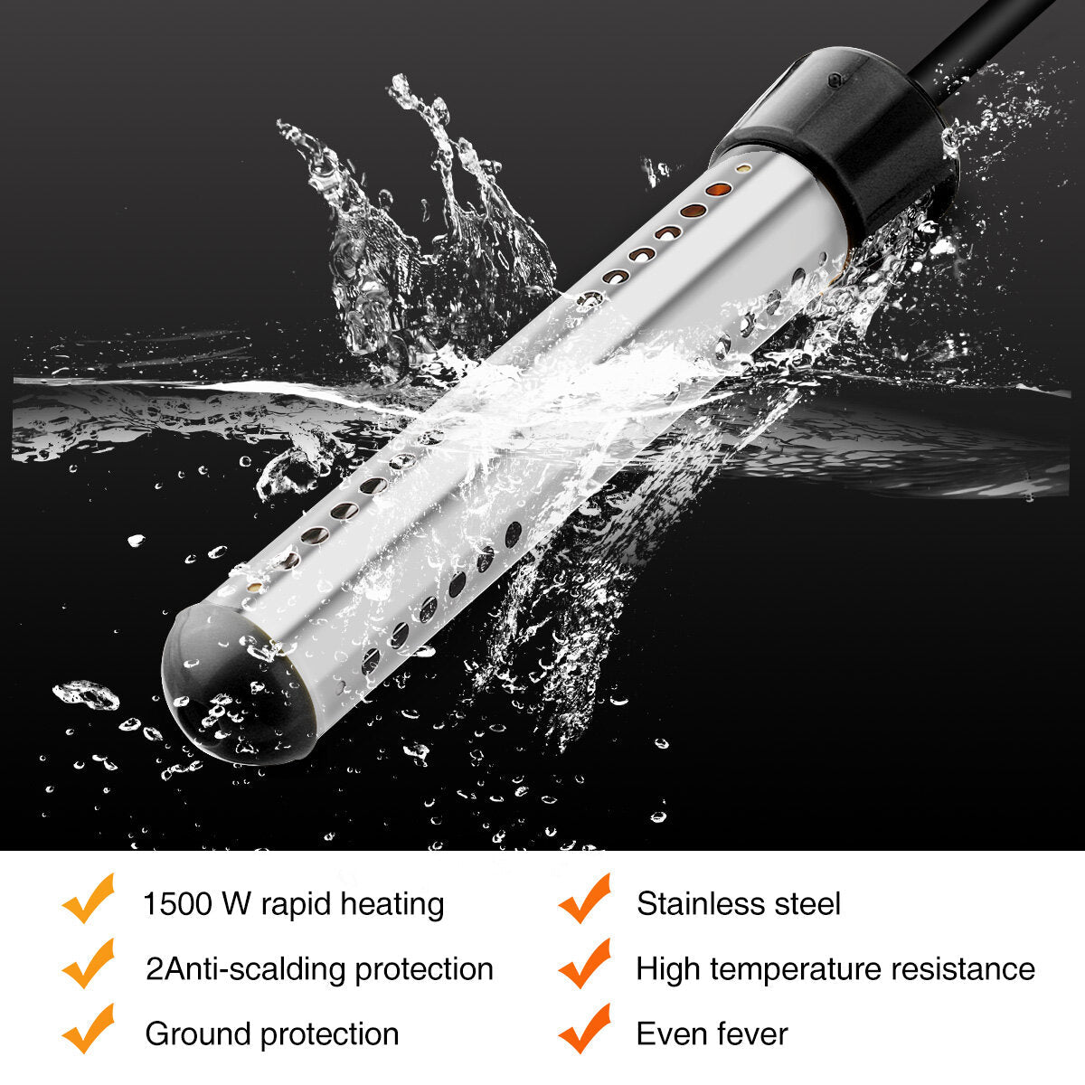 1500W Immersion Electric Heater Portable Stainless-steel Cover Submersible Water Heater with Digital Thermometer for Inflatable Pool Bathtub