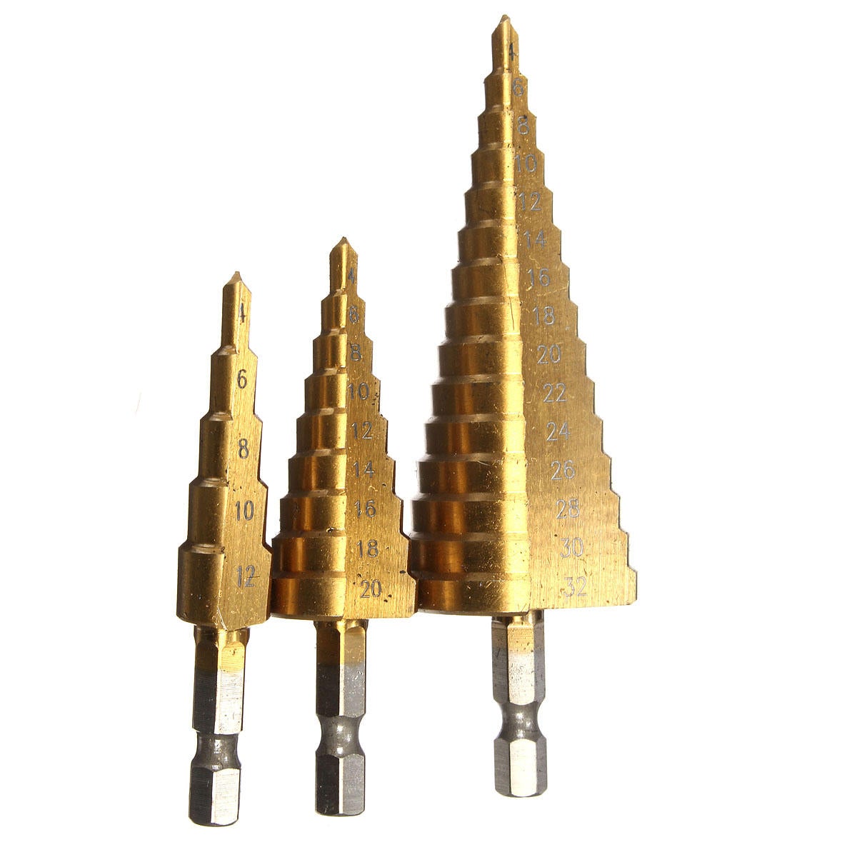 3Pcs 1/4 Inch Hex Shank HSS Titanium Coated Step Drill Bit Set 4-12/4-20/4-32mm in Pouch
