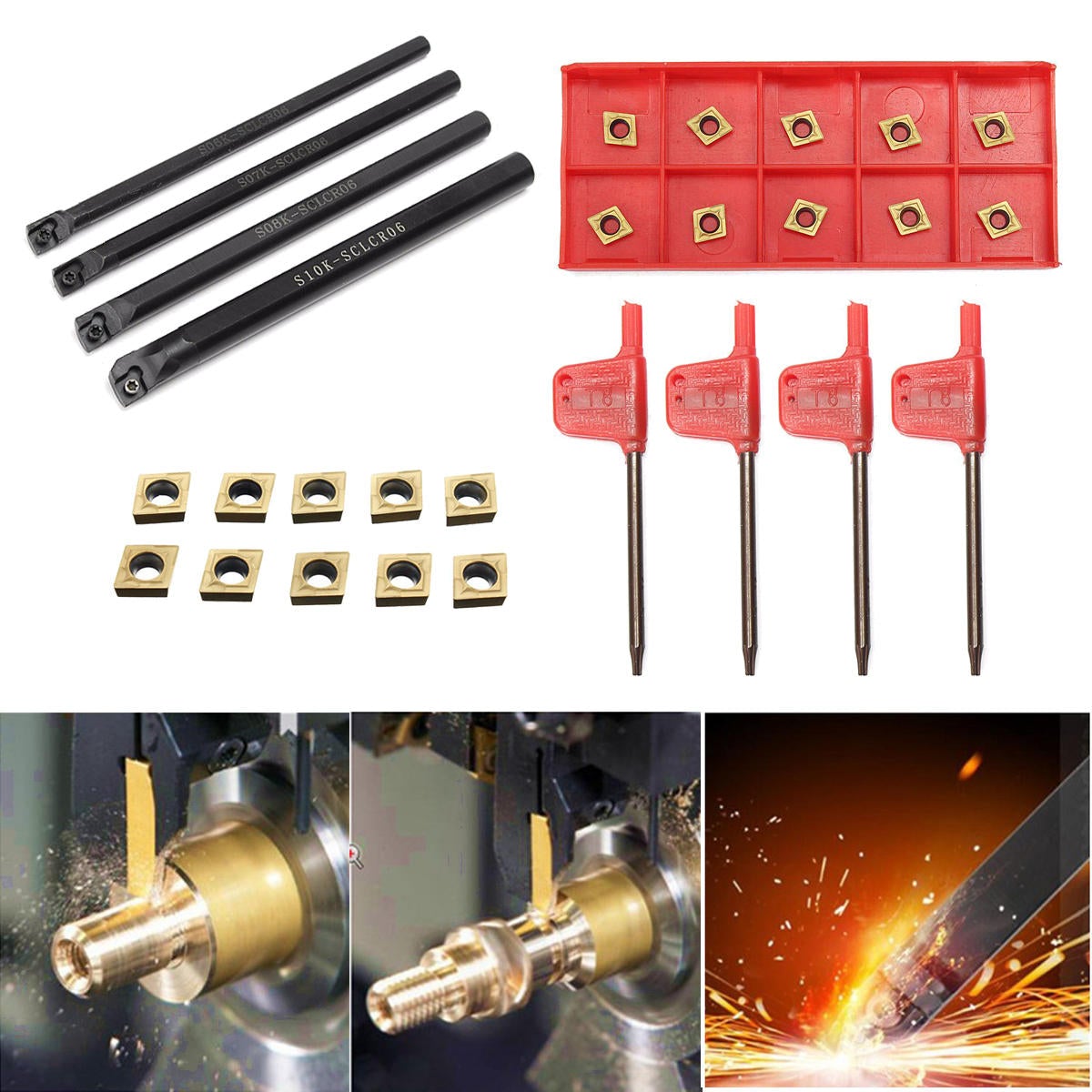 4pcs 6/7/8/10mm Turning Tool Holder Lathe Boring Bar With 10pcs CCMT060204 Inserts