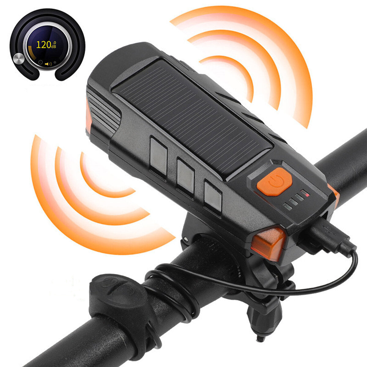 350LM 2xT6 LED Bike Headlight 5 Modes Bicycle Solar Front Light 6 Modes 120 dB Horn USB Rechargeable Waterproof Flashlight
