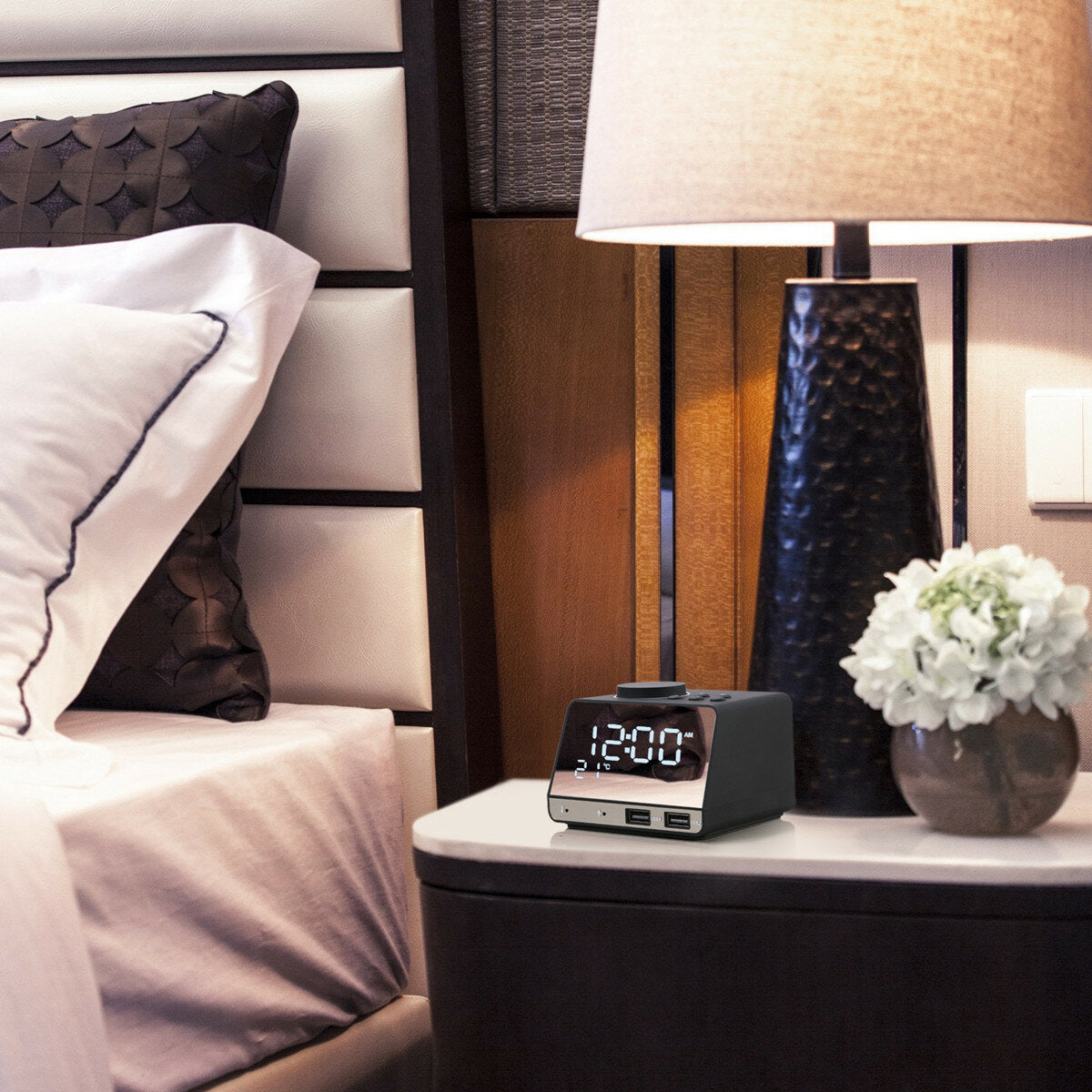 Radio Clock Double USB Chaging Port Bluetooth Alarm Clock Digital Display Mirror Alarm Clock