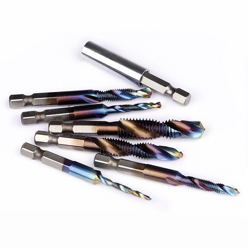 7Pcs M3-M10 6.2mm Hex Shank Blue Coated Screw Thread Metric Compound Tap Drill Bits with Extension Rod