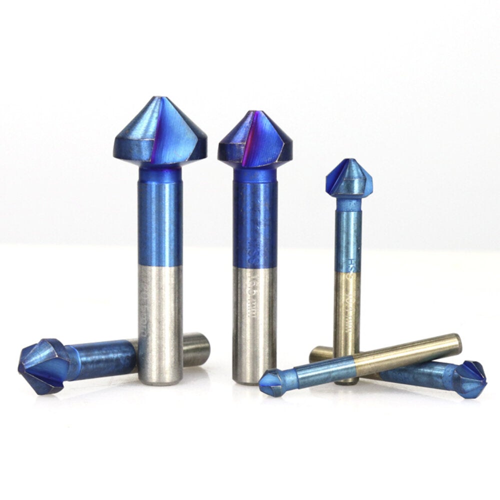 6Pcs 6.3-20.5mm 90 Degrees 3 Flutes Countersink Drill Bit Nano Blue Coated Chamfer Cutter HSS Chamfer Drill Bit Set