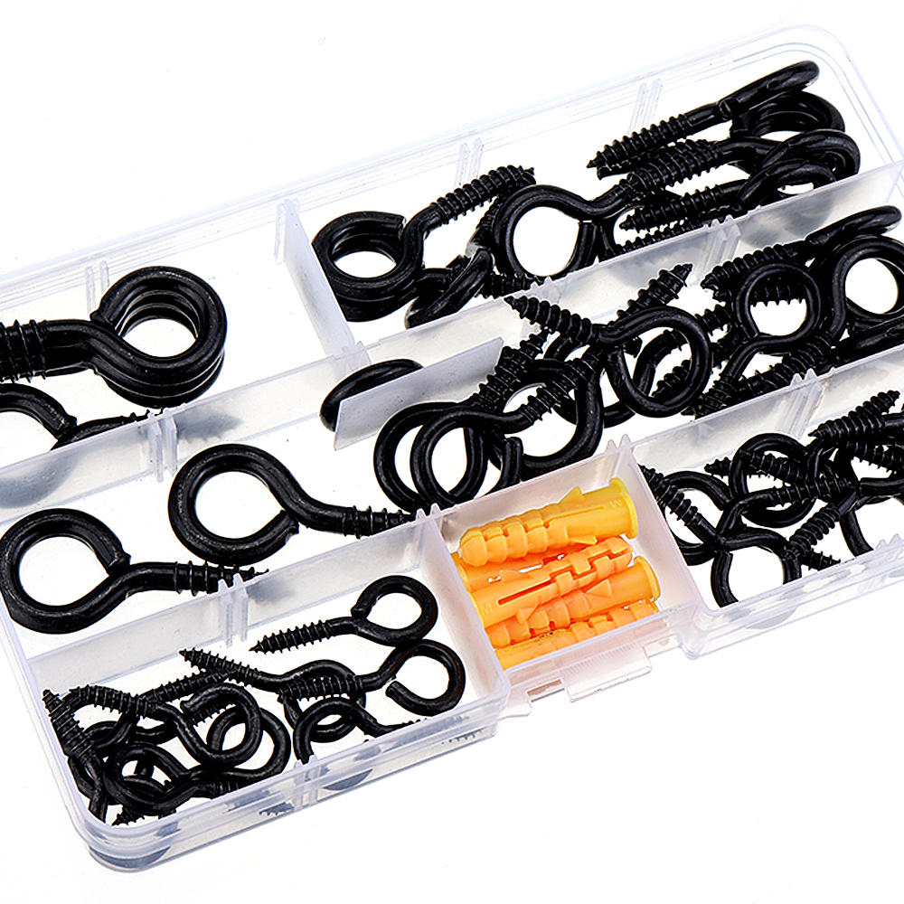 44Pcs Screw Eyes Zinc Plated Self Tapping Thread Eye Bolt Ring Hooks With Expansion Pipe Black
