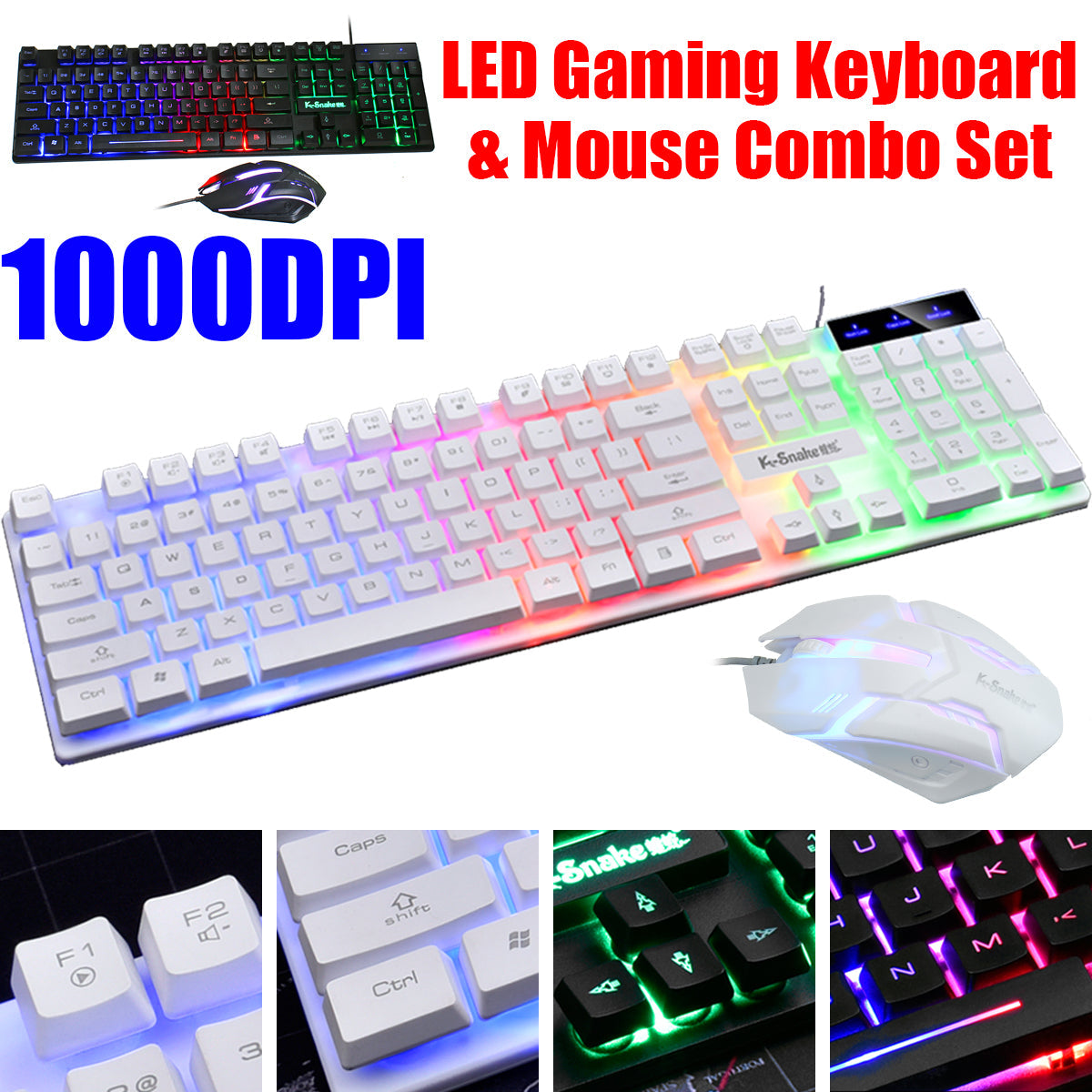 Waterproof 104key LED USB Wired Gaming Keyboard & 1000DPI Mouse Combo Set Multi-Colored Changing Backlight Mouse for Computer Desktop Notebook