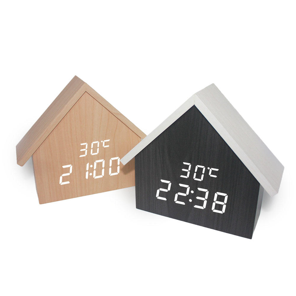 Wood Alarm Clock Voice-activated Electronic Digital Display Clocks House Shape Desktop Decoration