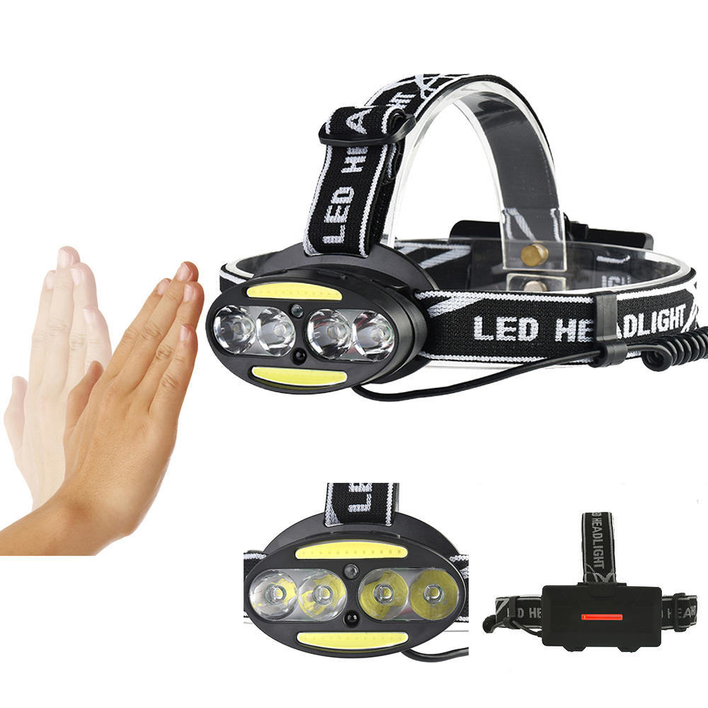 1900LM 6LED Smart Sensor Cycling Headlamp 5 Switch Modes 4xT6+2xCOB LED Red Warning Lig