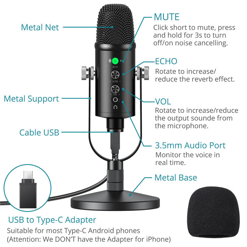 Condenser Microphone Hi-Fi DSP Noise Reduction Reverberation Adjustable Built-In Sound Card USB Wired for YouTube Broadcast Recording Gaming