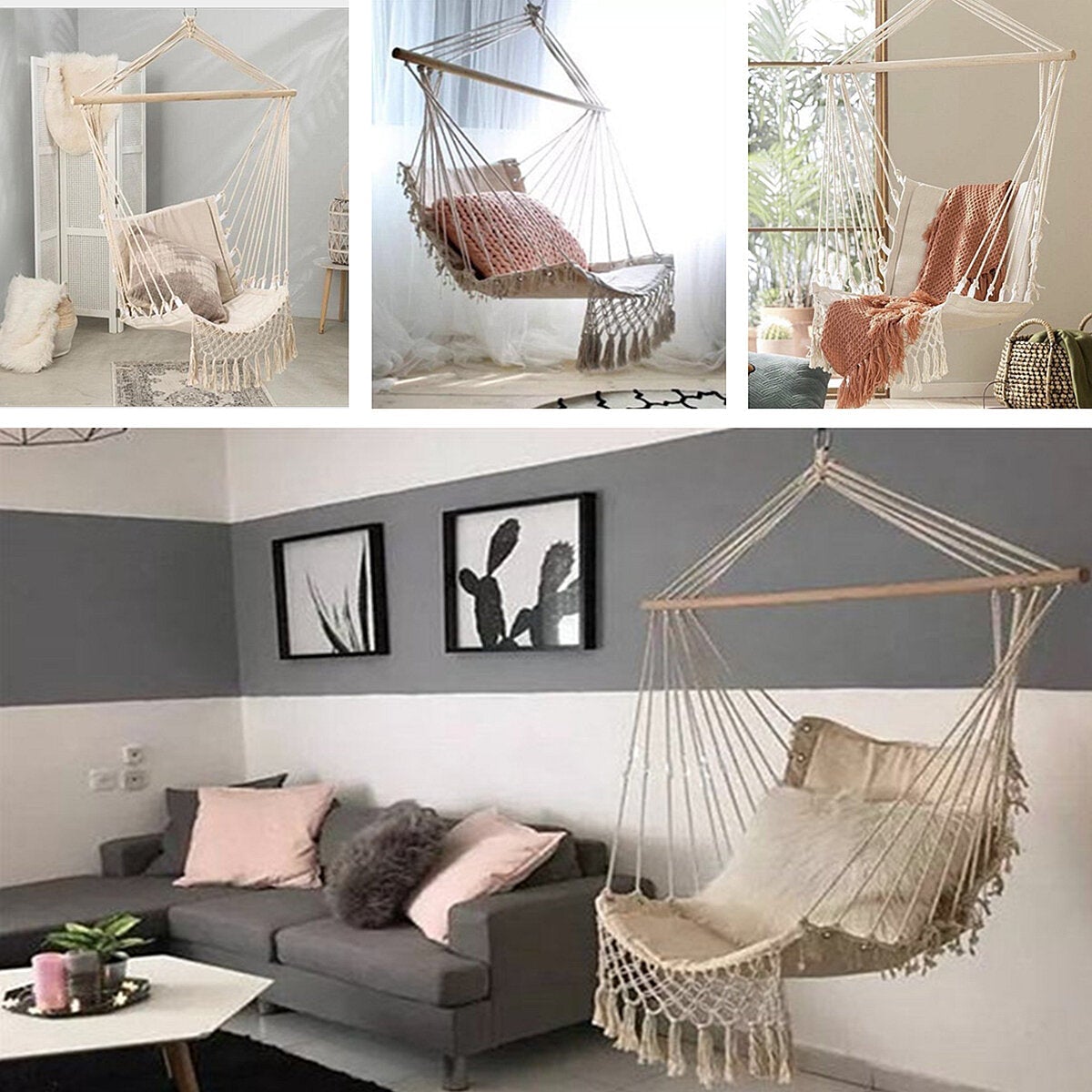 Hammock Cotton Swing Camping Rope Chair Wooden Beige Tasse Patio
