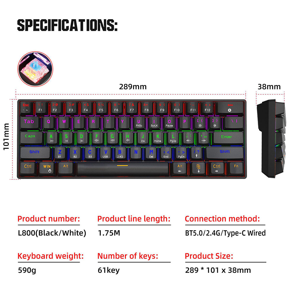 Mechanical Keyboard 61 Keys Triple Mode Wireless Bluetooth 5.0 2.4GHz Type-C Wired Blue Switch RGB Backlit Gaming Keyboard