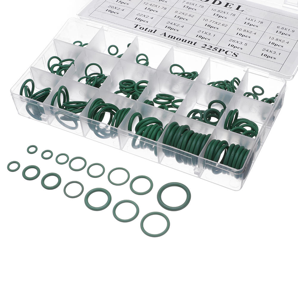 225Pcs R22/R134a Green Air Conditioning Rubber O-Ring Tap Washer Gasket Set Seal Metric Assortment Plumbing Kit Waterproof