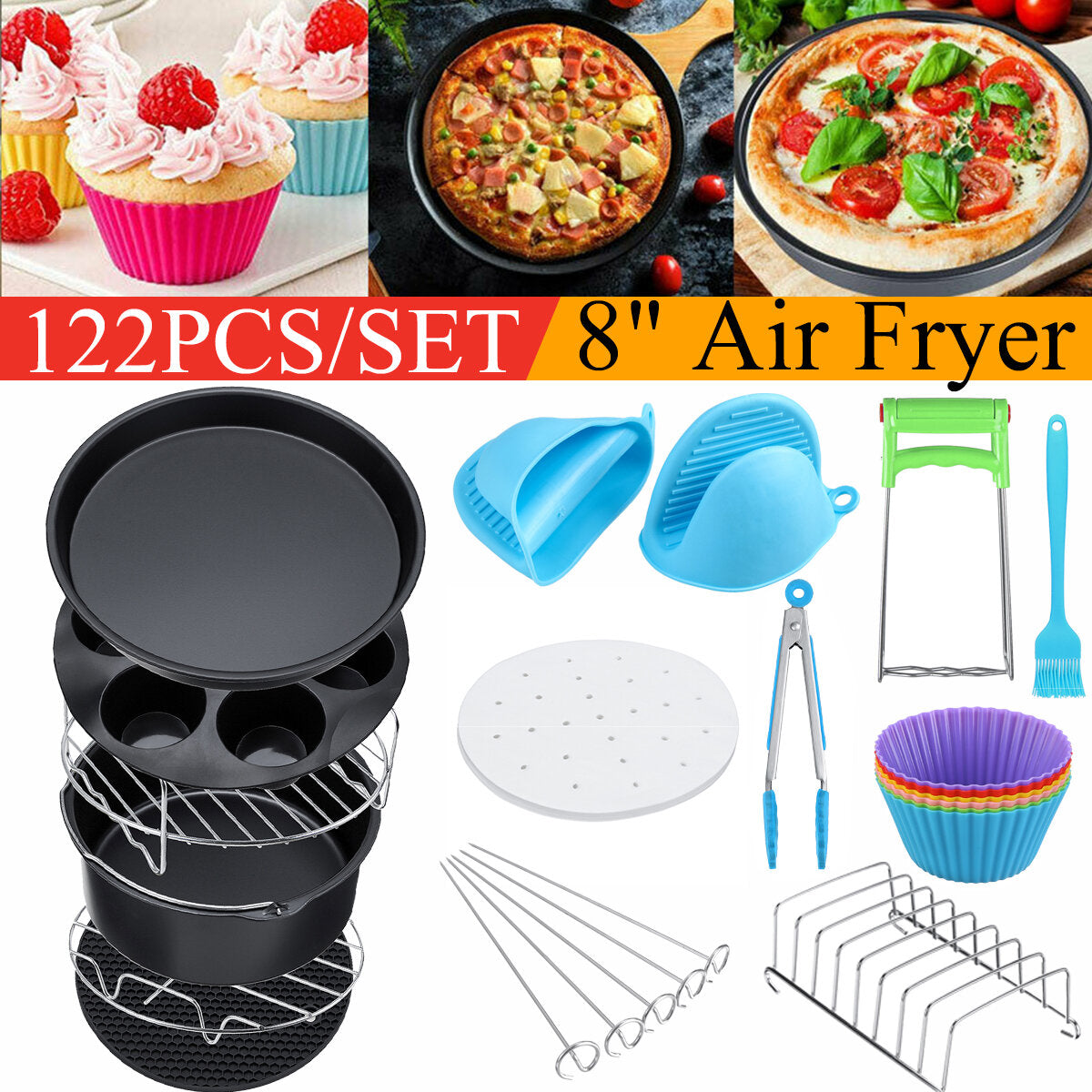 8" Air Fryer For 3.7QT-6.8QT 124PCS Set Accessories Frying Cage Baking Rack Tray