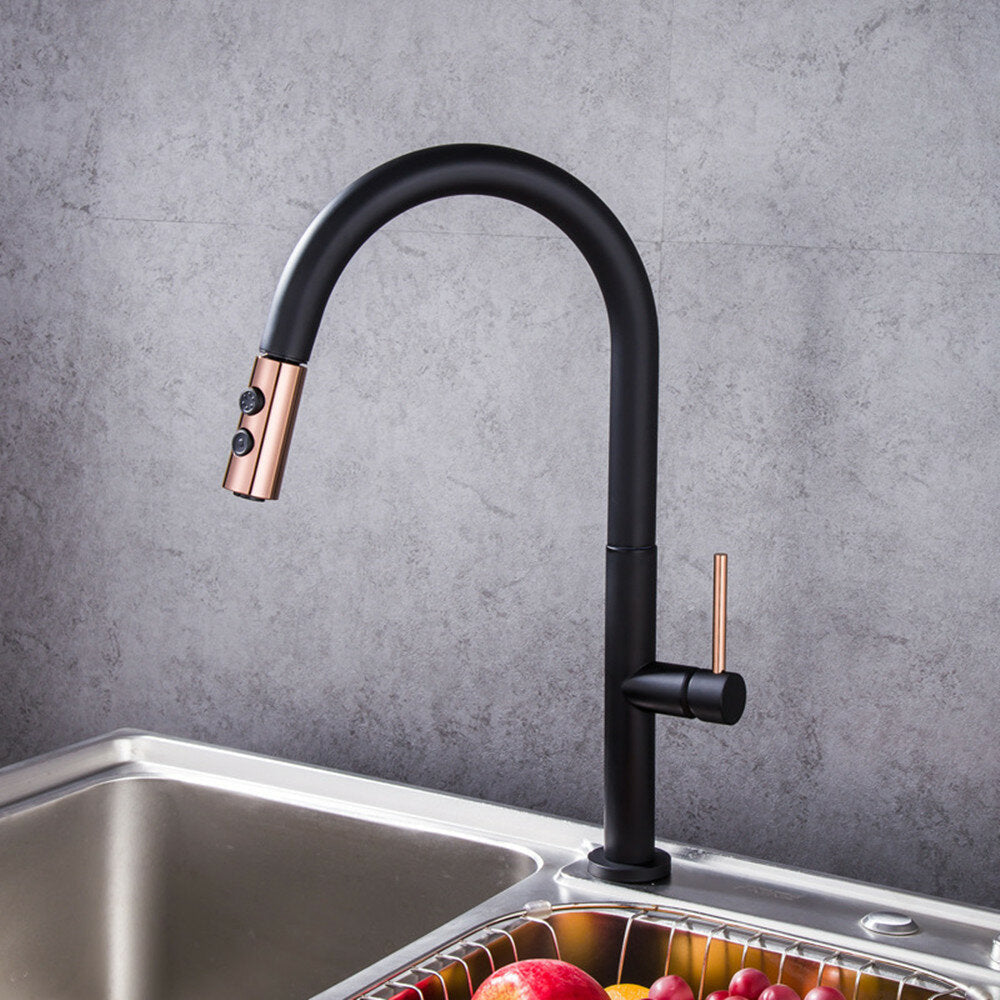 Black Gold Plating Brass Kitchen Sink Faucet Pull Out Down Hot Cold Water Single Handle Basin Mixer Tap