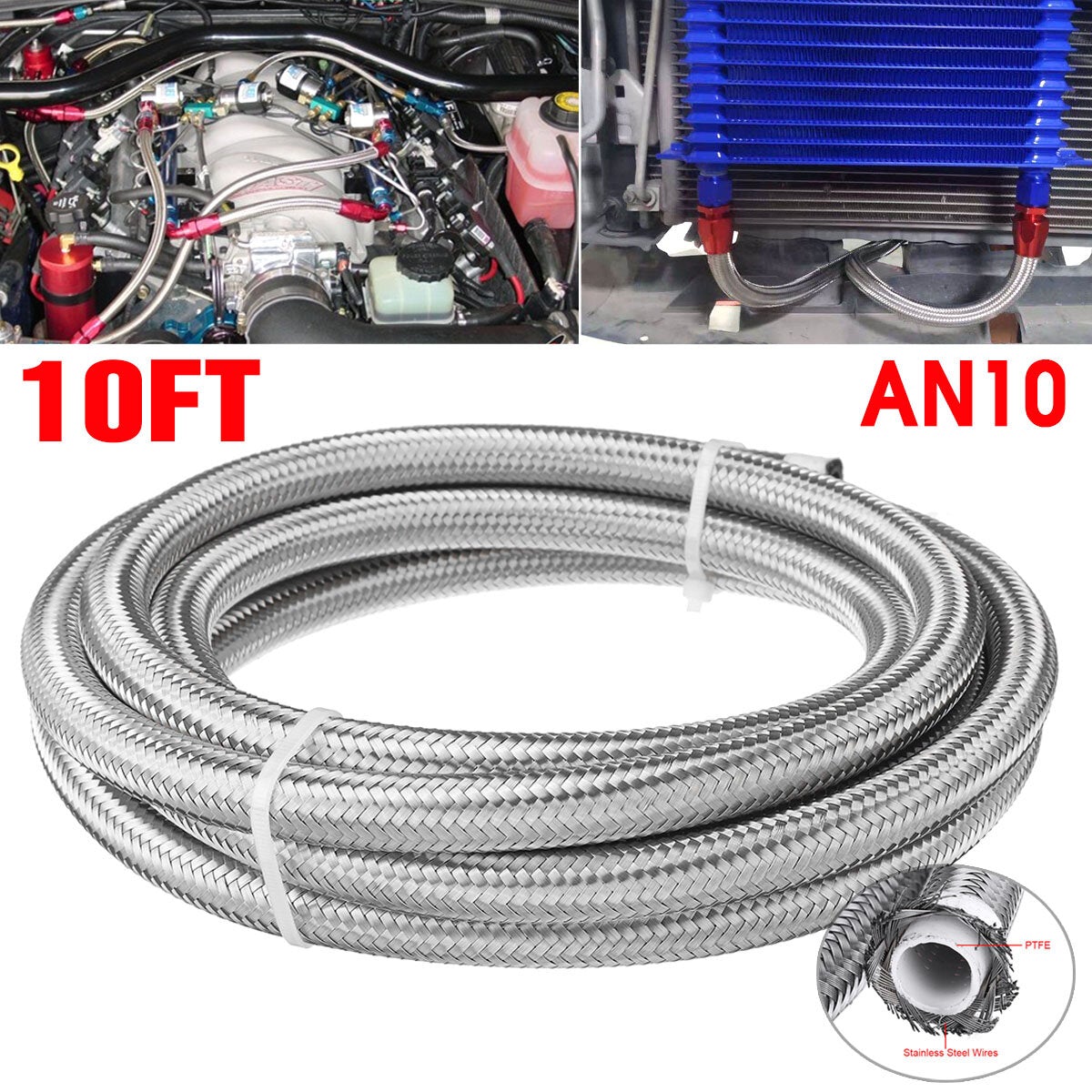 10FT 304.8cm Fuel Hose Oil Gas Line PTFE Stainless Steel Braided