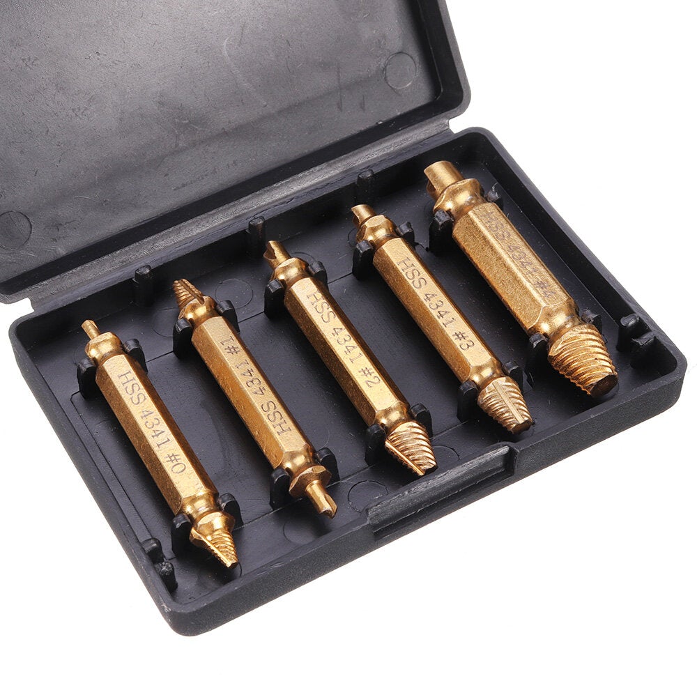 5Pcs Golden Damaged Screw Extractor Drill Bits Guide Set Broken Speed Out Stud Stripped Screw Remover Tool