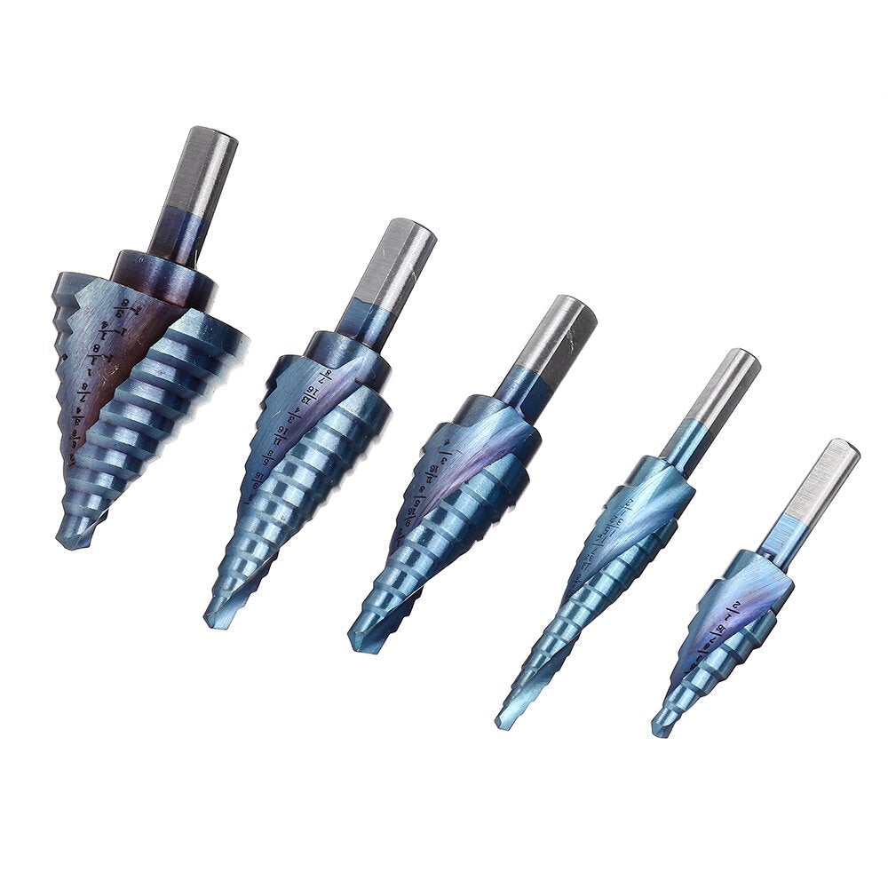 5pcs HSS Blue Nano Coating Step Drill Bit Set Spiral Flute Multiple Hole 1/8 to 1-3/8 Inch 50 Sizes with Aluminum Case or Opp Bag