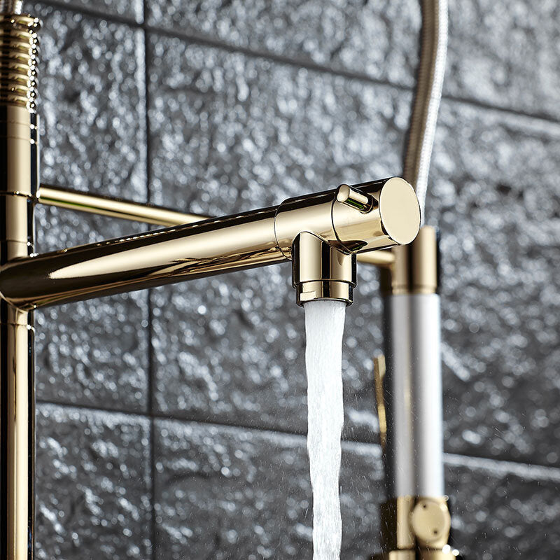 Kitchen Sink Mixer Faucet Pull Out Sparyer 360 Degree Rotation Hot & Cold Water Crane Tap with Dual Spout Chrome Brass Brushed Collapsible