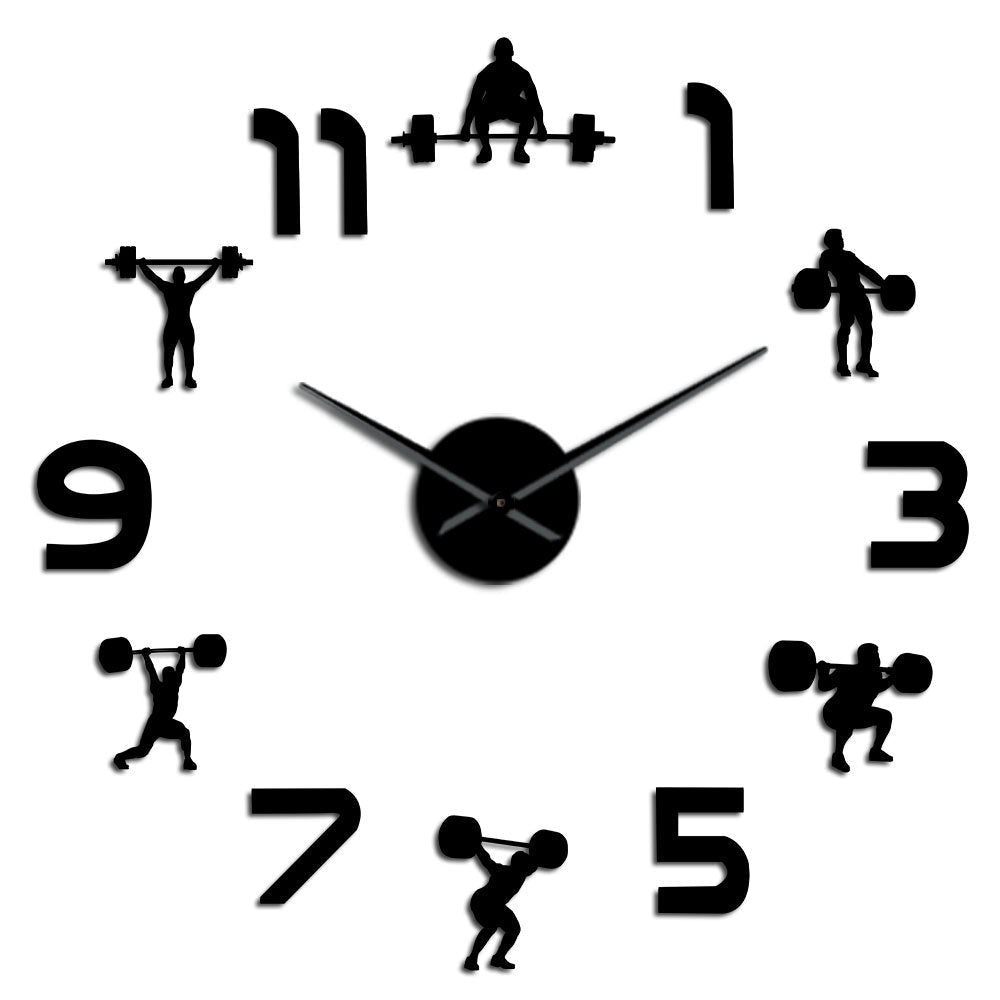 Fitness Room Wall Decor DIY Giant Wall Clock Mirror Effect Powerlifting Frameless Large Wall Clock Wall Watch