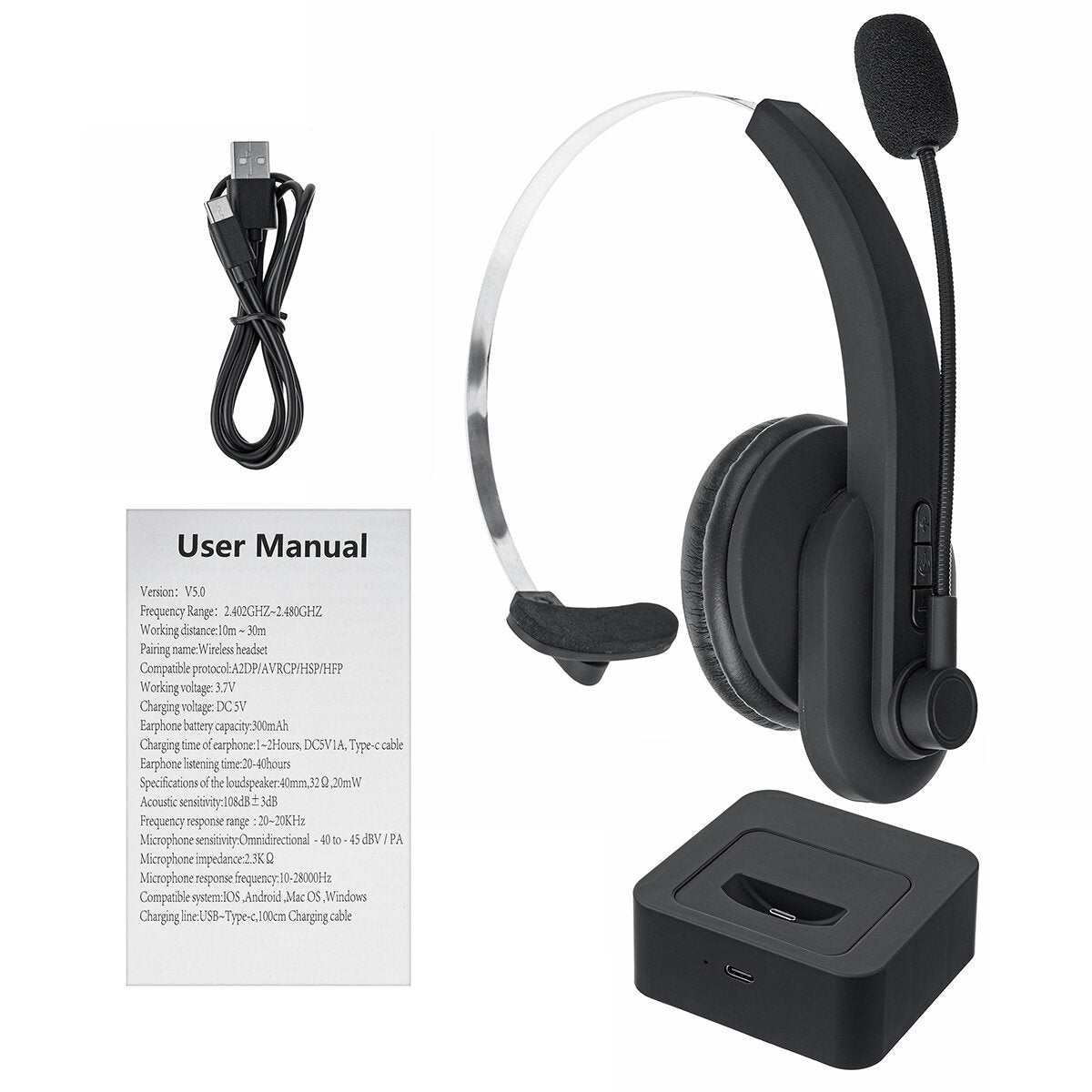 Single Ear Headset Bluetooth Headphone Noise Cancelling Head-mounted Headphone with Microphone for Cell Phones PC Tablet
