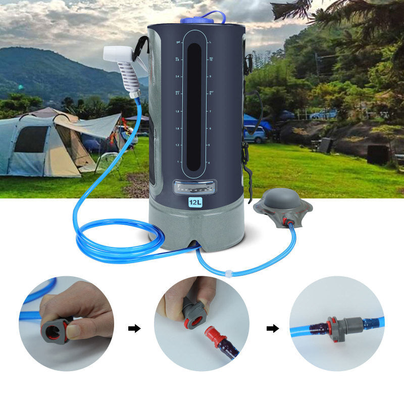 12L Camping Shower Bag Solar Heating Car Motorcycle Washer with Foot Pump Shower Nozzle for Travel Hiking Beach Swimming