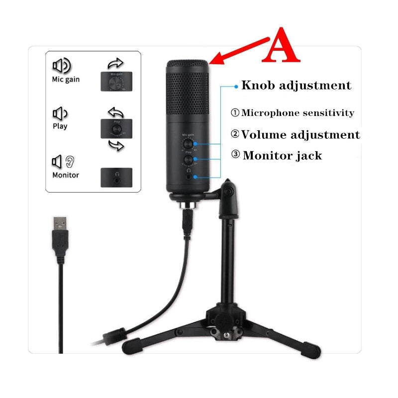 USB Condenser Microphone Tripod Bracket Game Voice Live Recording Real-time Monitoring Computer Mic Blowout Cover