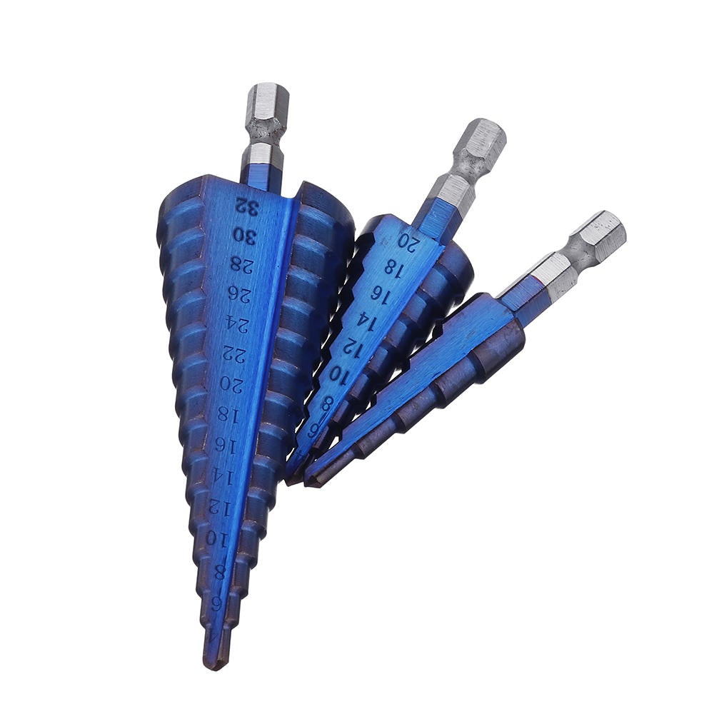 3Pcs 1/4 Inch Hex Shank Blue Nano Coated Step Drill Bit Set 4-12/4-12/4-32mm