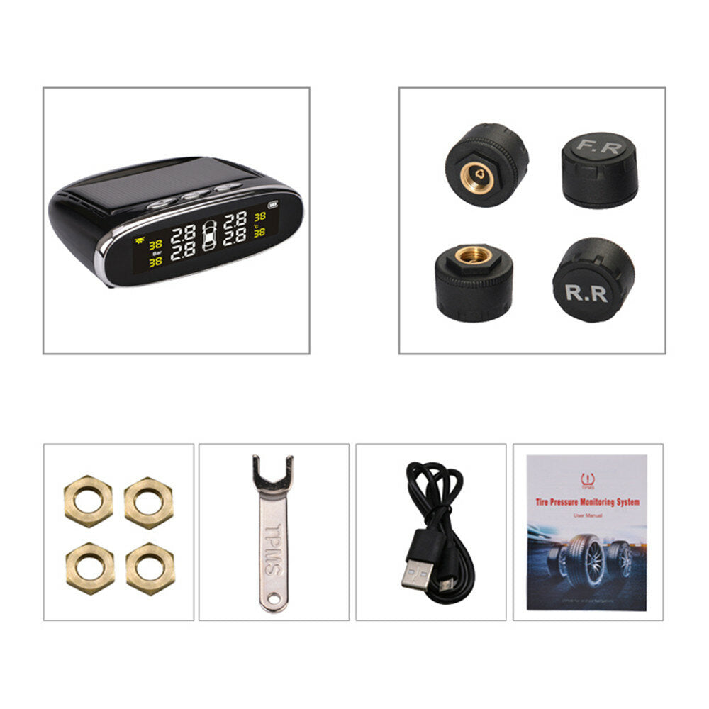 Solar Power TPMS Temperature Alert LCD Display Car Tire Pressure Alarm Monitor System With 4 Internal/External Sensor