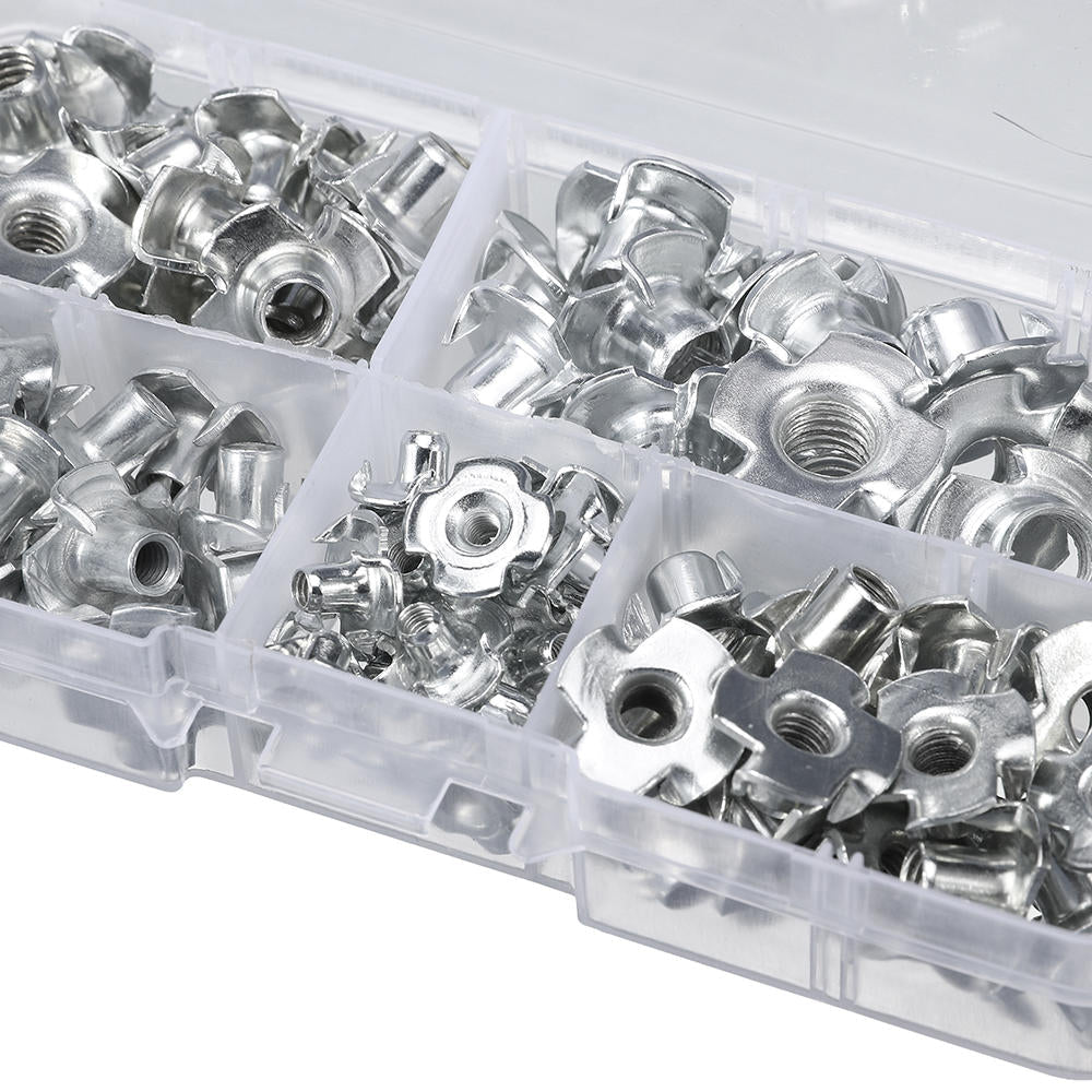 90Pcs Four Prong T Nut Inserts Carbon Steel Zinc Plated For Wood M3/M4/M5/M6/M8 Nut Assortment Kits