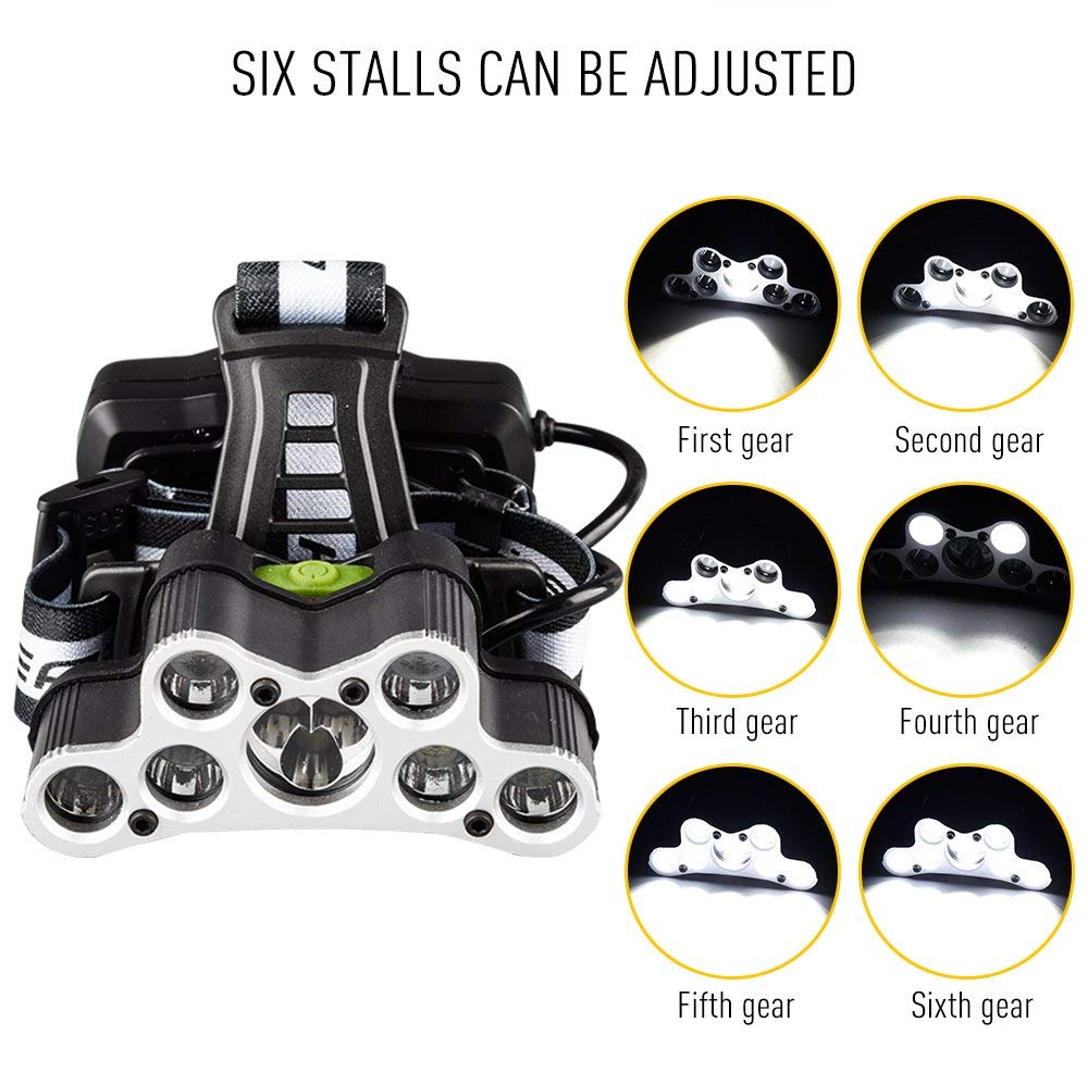 6-Modes 7xT6+2xQ5 LED Head Lamp USB Rechargeable Camping Head Torch With SOS Whistle Function