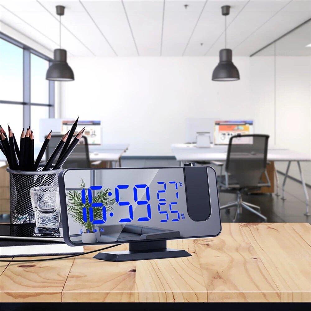 LED Mirror Alarm Clock Big Screen Temperature and Humidity Display with Radio and Time Projection Function Electronic Clock Rechargeable