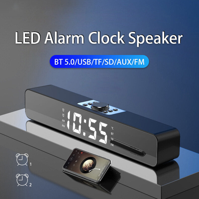 LED Alarm Clock Sound Bar AUX USB Wired Wireless Bluetooth FM Radio Speaker Home Theater Surround SoundBar for PC TV Computer Speaker