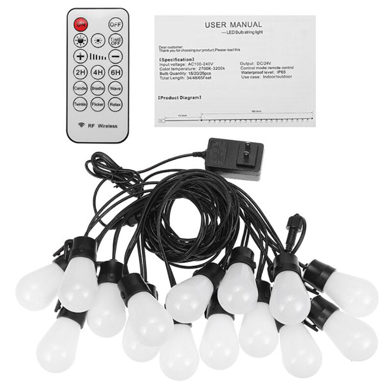 49FT Outdoor String Lights Shatterproof Remote Patio Lights With 15 Warm Yellow LED Bulbs For Deck Backyard Gazebo Christmas Decoration
