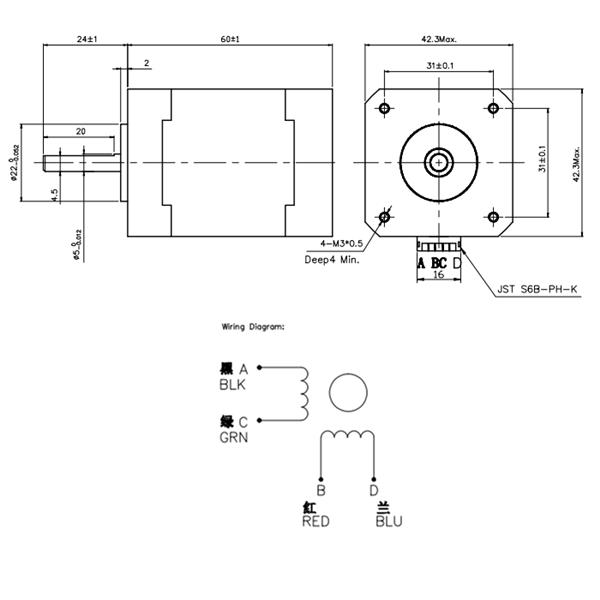 Hybrid Stepper Motor Two Phase 60mm 7.3kg.cm 1.7A Step Motor