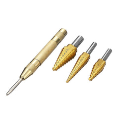 4pcs 3/16-1/2 1/4-3/4 1/8-1/2 Titanium Coated Step Drill Bit with Automatic Center Pin Punch