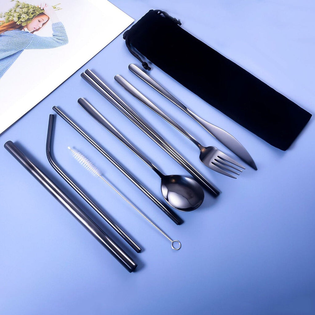 9pcs Titanium-Plated 304 Stainless Steel Cutlery Set Knife Fork Spoon Chopsticks Straw