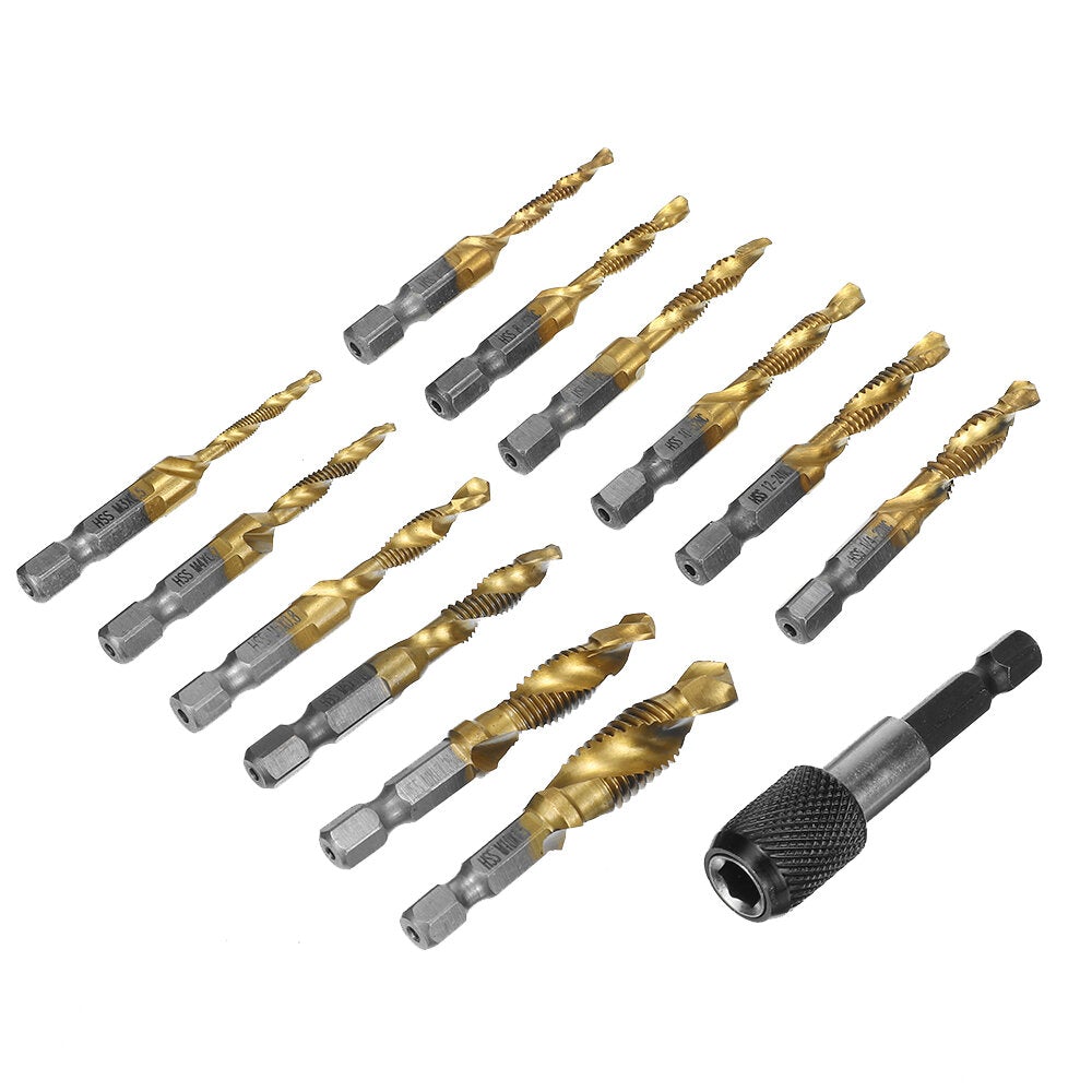 13pcs M3-M10 Metric Screw Thread Tap Drill Bits Set Hex Shank Bit Compound Hand Tools with Joint Rod