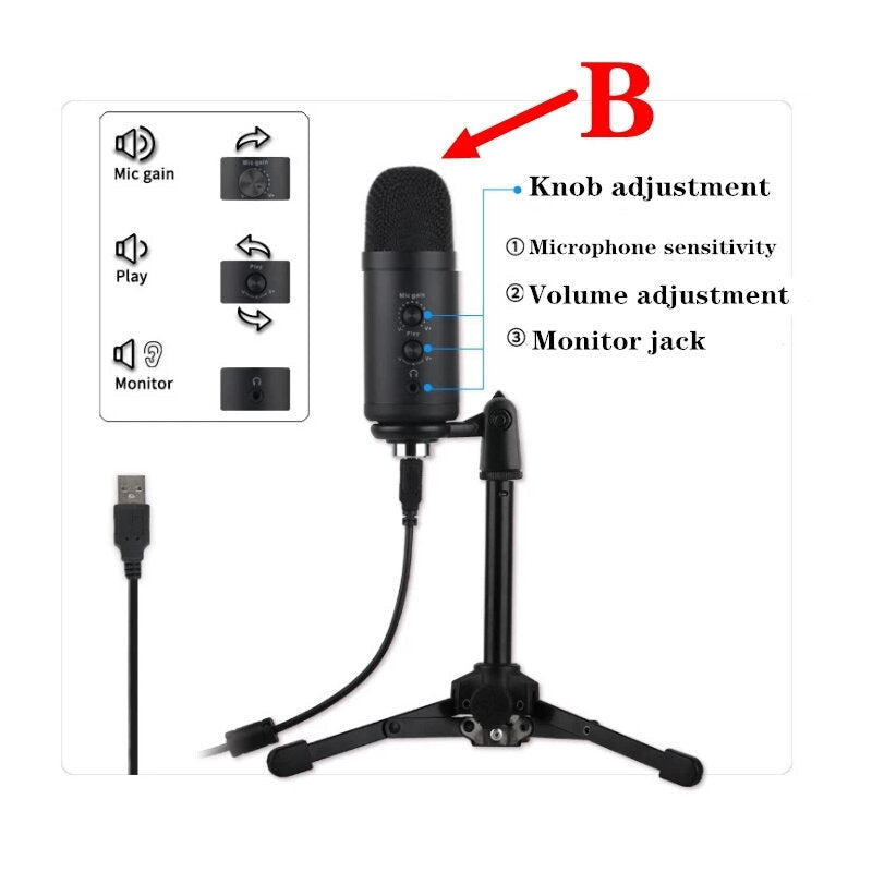 USB Condenser Microphone Tripod Bracket Game Voice Live Recording Real-time Monitoring Computer Mic Blowout Cover
