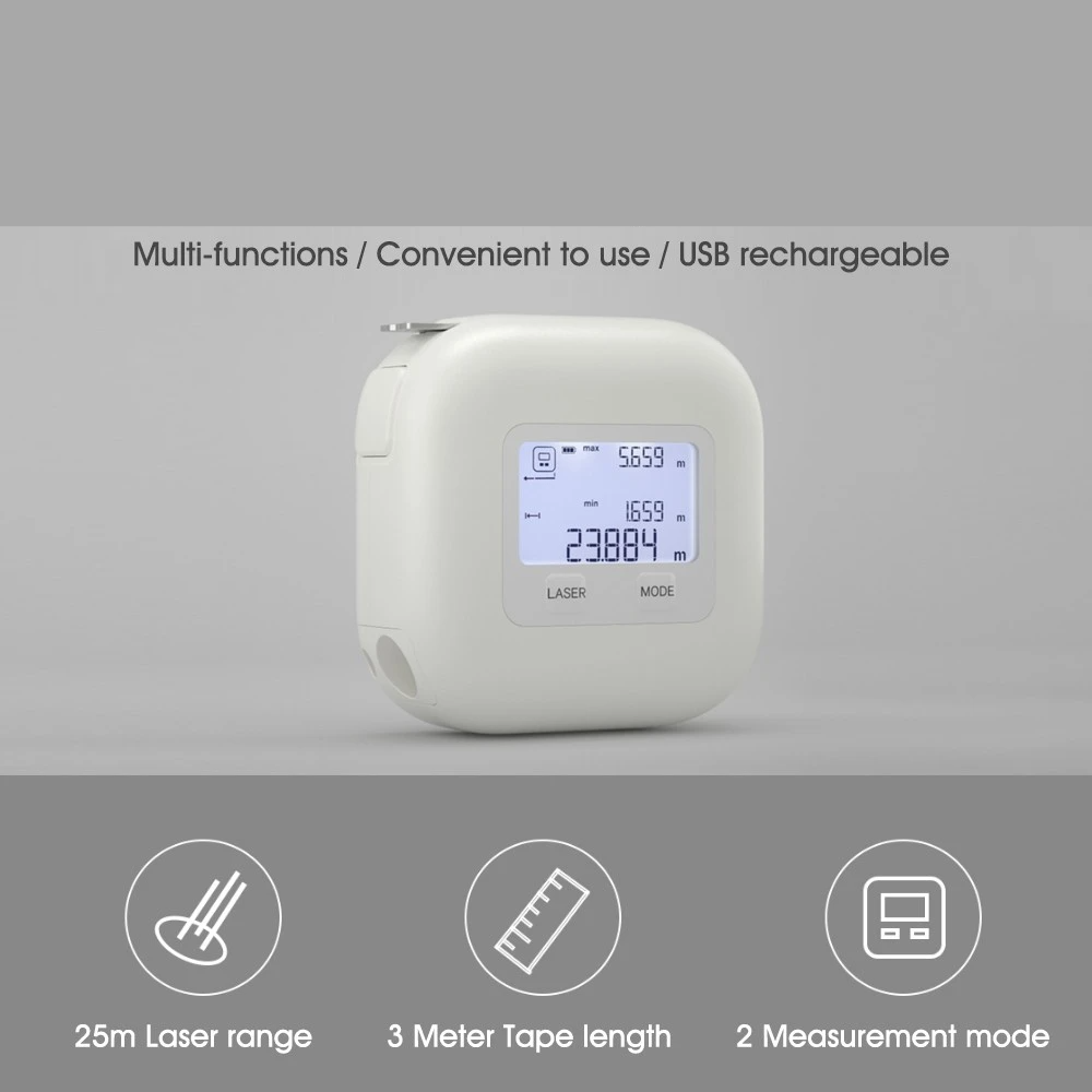 Laser Tape Measure 2-in-1 Laser Measurement 25M Laser Range Finder USB Rechargeable Backlit Display