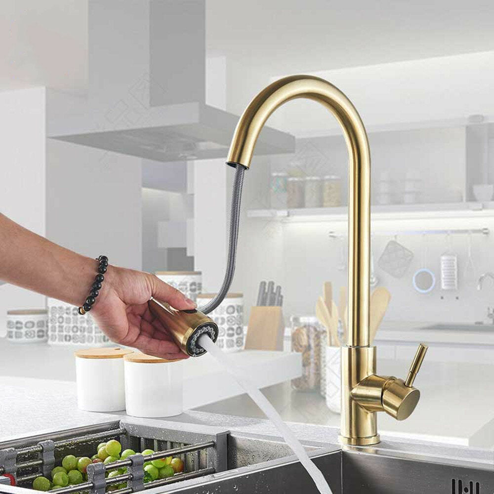 Brushed Gold Hot Cold Kitchen Sink Faucets Brass 360 Rotation Single Lever Pull Out Mixers Tap