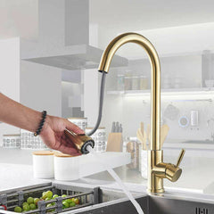 Brushed Gold Hot Cold Kitchen Sink Faucets Brass 360 Rotation Single Lever Pull Out Mixers Tap