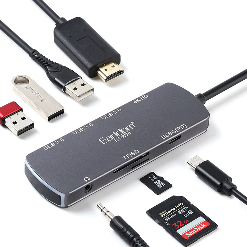 8-in-1 USB-C Docking Station HUB Adapter With 4K HD Display USB 3.0*3 USB-C PD Memory Card Readers 3.5mm AUX Port