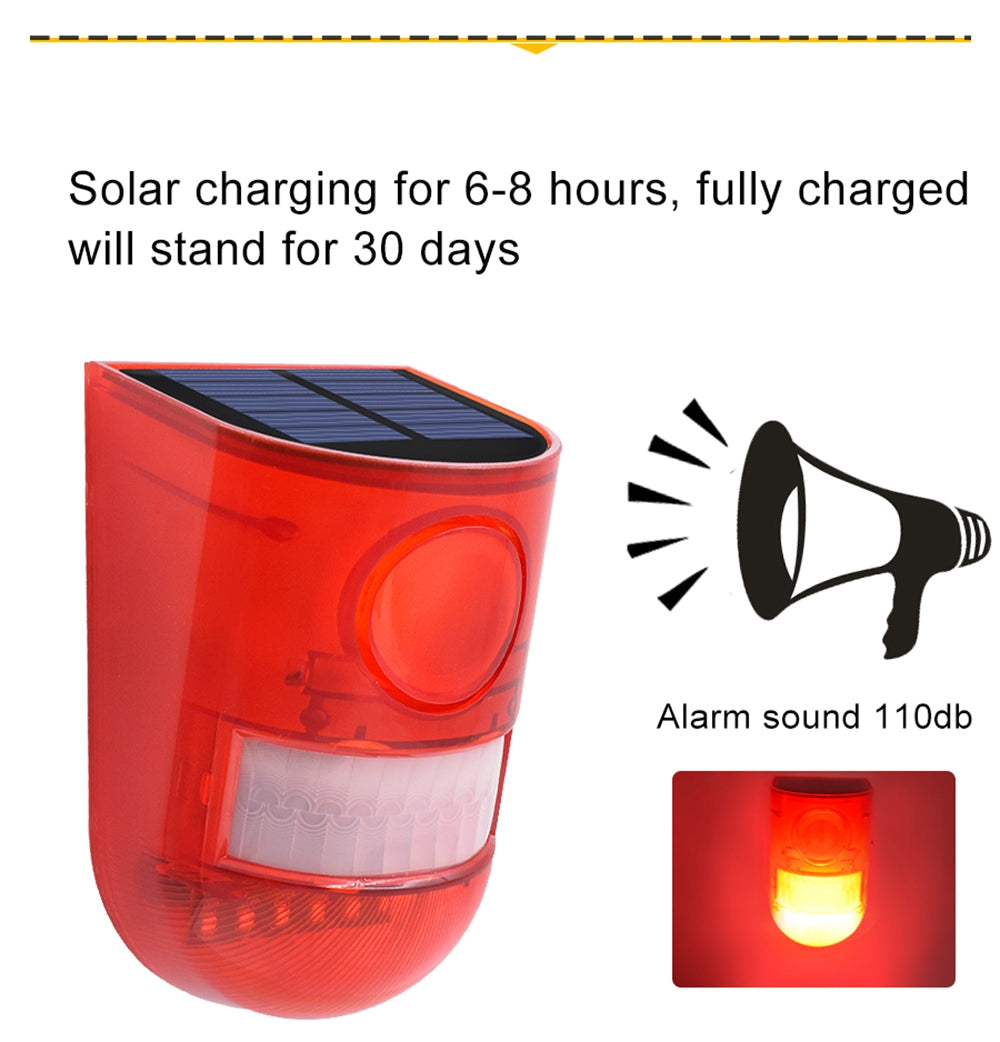 6 LED Solar Alarm Red Lamp Motion Sensor Warning Sound Light Waterproof for Garden Factory Warehouses