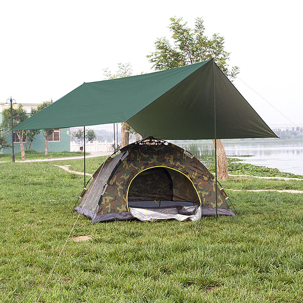 275*275CM Camping Tarp Made Of 420D Oxford Cloth Sunshade UV Protection Lightweight Shelters With 6 Aluminum Ground Studs&6 pieces of 3m Buckle Rope