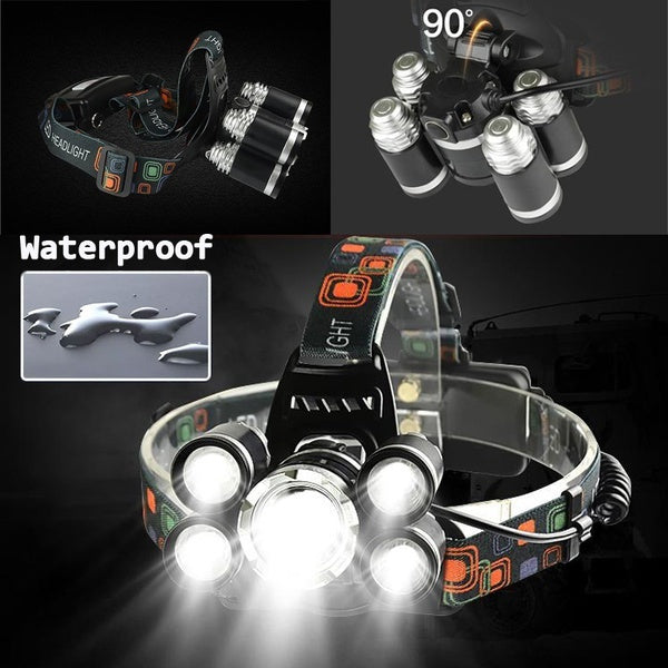 2500LM T6+4xXPE Headlamp 4 Modes 90 Adjustable Waterproof Work Light