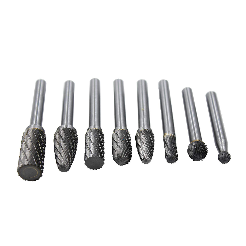 8PCS Carbide Burr Set with 1/4 Inch(6.35mm) Shank Double Cut Solid Carbide Rotary Burr Set