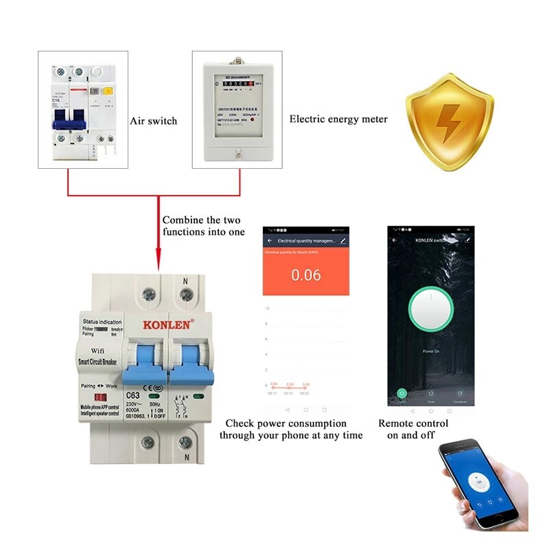 WIFI Smart 2P 63A 220V Circuit Breaker Electrical Energy Meter Power Air Switch Timer Works with Google Alexa