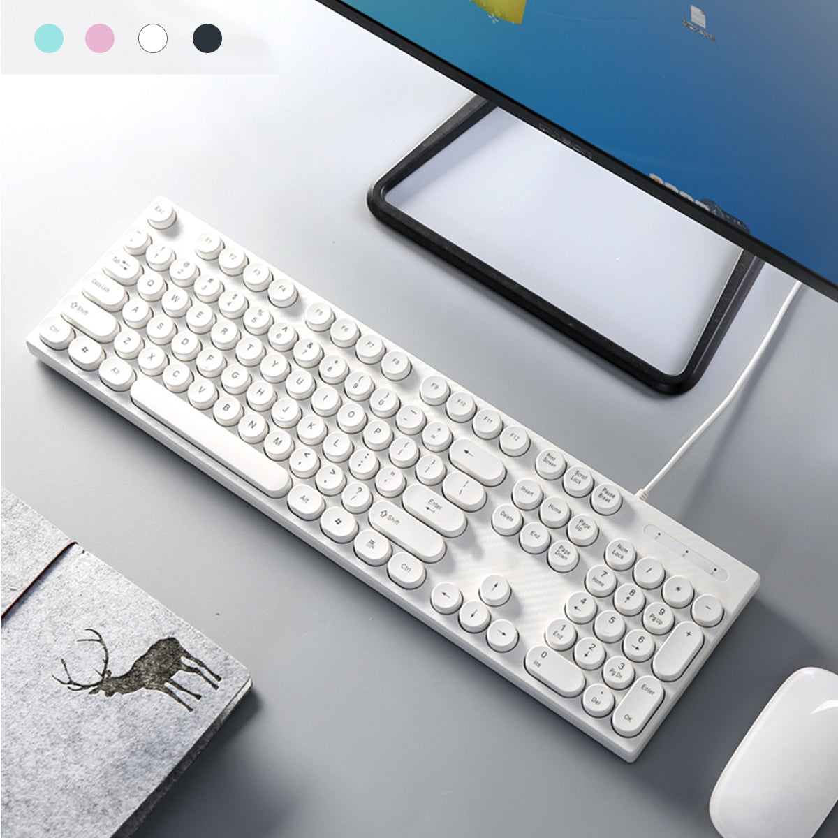 104 Keys Computer Keyboard USB Wired Punk Round Keycaps Mechanical Feeling Gaming Keyboard