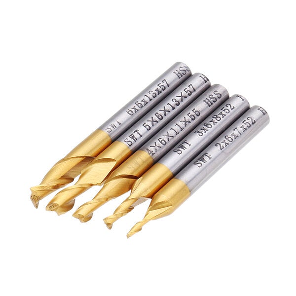 5pcs 2 Flute 2/3/4/5/6mm Milling Cutter HSS Titanium Coated 6mm Shank End Mill CNC Tool